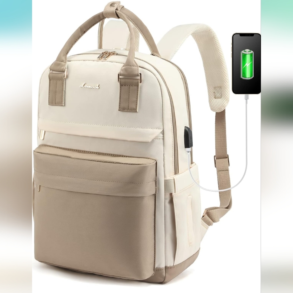 LOVEVOOK Beige and Cream Backpack with USB Charging Port